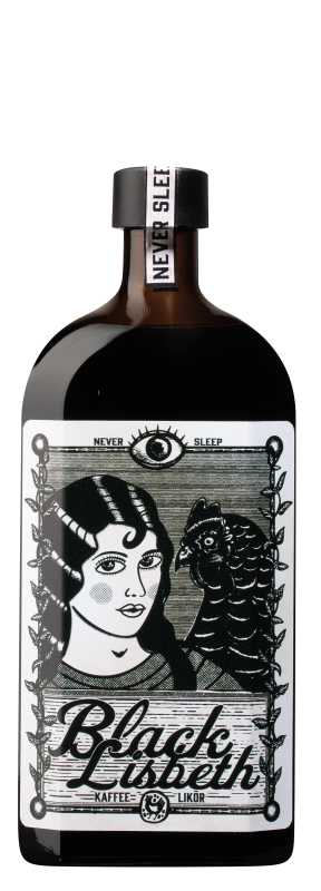 Produktfoto: Eine Flasche mit dem Etikett 'Black Lisbeth Kaffee Likör' und einem schwarz-weißen Design mit einer Frau und einem Vogel.