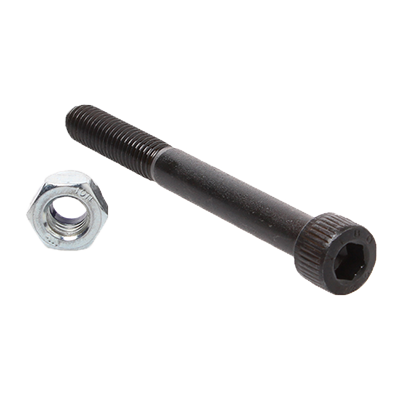 Ein schwarzer Sechskantschraube mit passender Mutter auf weißem Hintergrund.