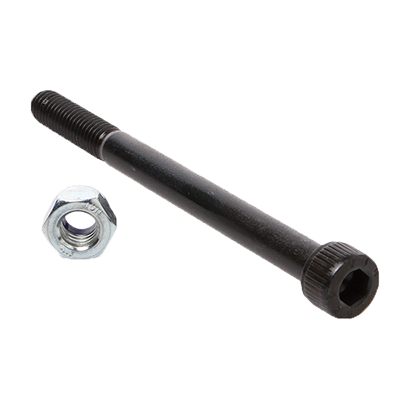 Eine schwarze Schraube mit Innensechskantkopf und eine silberne Sechskantmutter.