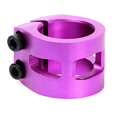 Lila Fahrrad-Sattelstützenklemme mit zwei Schrauben zur Befestigung.