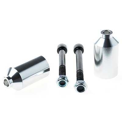 Zwei silberne Metallkegel und zwei schwarze Schrauben mit Muttern.