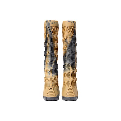 Zwei gelb-schwarze Griffe mit strukturiertem Design, vertikal nebeneinander.