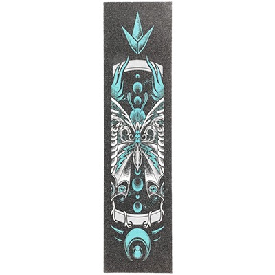 Ein Skateboard-Griptape mit einem blauen, symmetrischen Muster auf schwarzem Hintergrund.