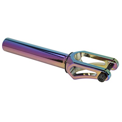 Ein schillernder Scooter-Gabelkopf in Regenbogenfarben.