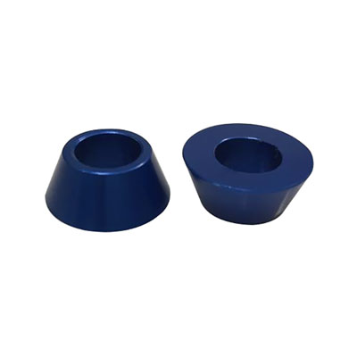 Zwei blaue, kegelförmige Objekte mit Öffnungen in der Mitte.