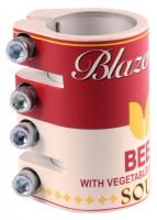 Ein metallischer Fahrradlenker-Adapter mit vier Schrauben, gestaltet im Stil einer Suppendose.