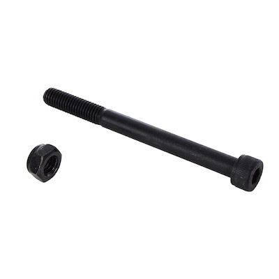 Eine schwarze Sechskantschraube mit passender Mutter auf weißem Hintergrund.