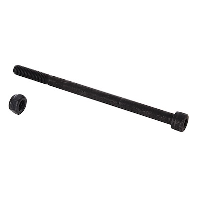 Ein langer schwarzer Bolzen mit Mutter, auf weißem Hintergrund.
