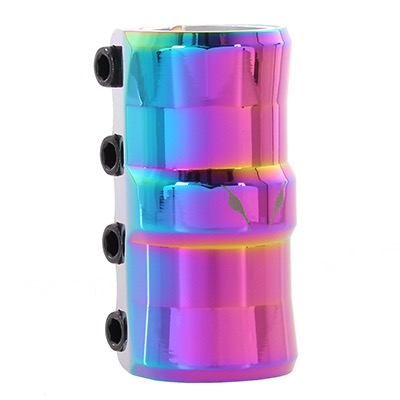 Bunter, metallischer Fahrradvorbau mit mehreren Schrauben an der Seite.