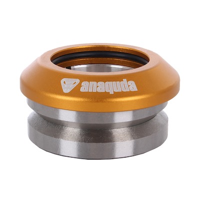 Ein goldener Steuersatz für Fahrräder mit dem Logo 'anaquda'.