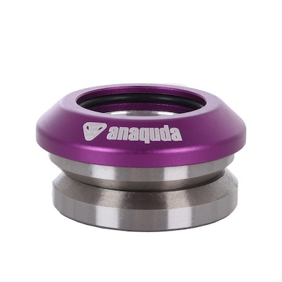 Ein lila Fahrrad-Steuersatz mit der Aufschrift 'anaquda'.