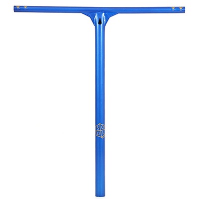 Blauer T-Lenker für einen Roller, mit Logo in der Mitte.