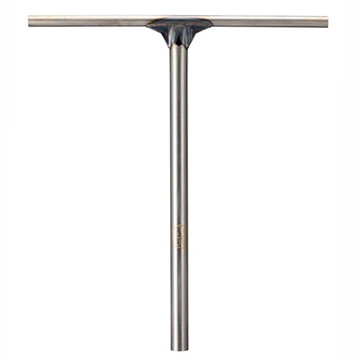 Ein silberner T-förmiger Scooter-Lenker aus Metall.