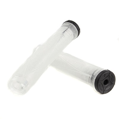 Zwei durchsichtige Fahrradgriffe mit schwarzen Endkappen auf weißem Hintergrund.