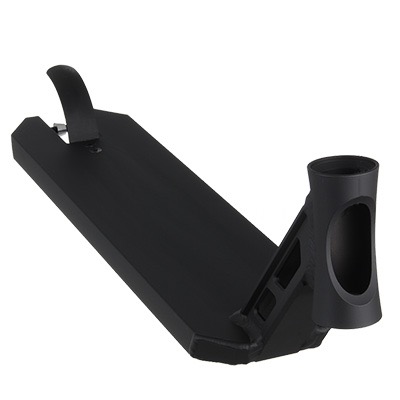 A black scooter deck with an integrated headtube. The deck features a brake and is designed for freestyle scootering.