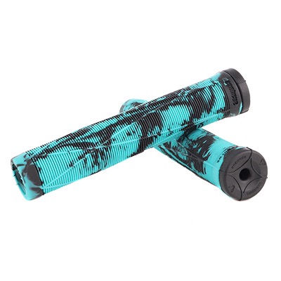 Zwei türkis-schwarze Fahrradgriffe mit strukturiertem Design, übereinandergelegt.
