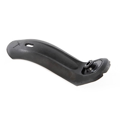 Schwarzes Kunststoffteil mit gebogener Form und einem Ventil an einem Ende.