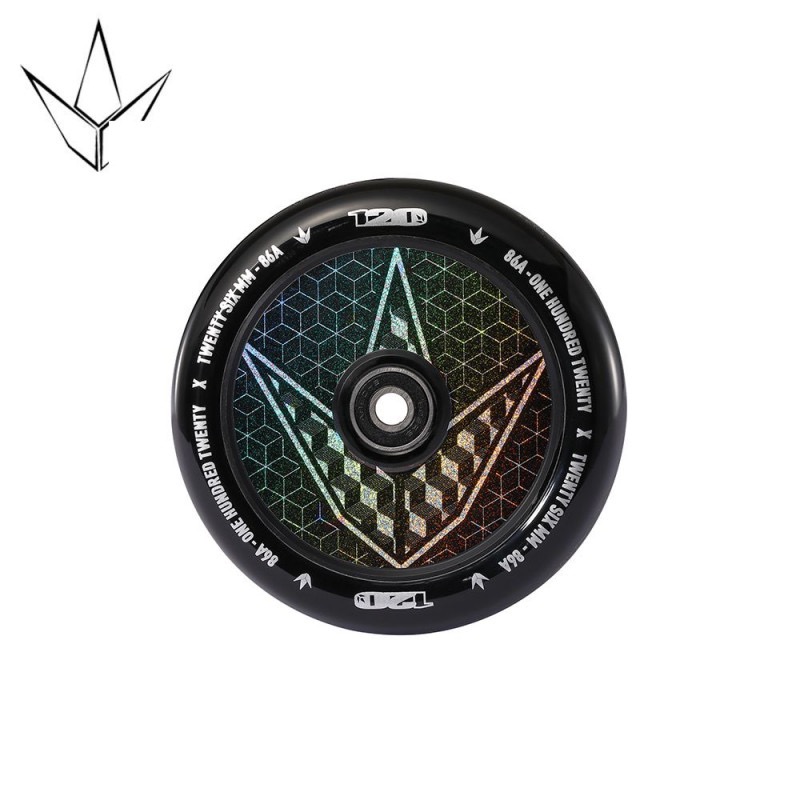 Schwarzes Rollerrad mit geometrischem Muster und Logo, Aufschrift 