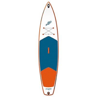 Ein Stand-Up-Paddle-Board mit blauem Deck, orangenem Rand und elastischen Bändern zur Befestigung von Gegenständen.