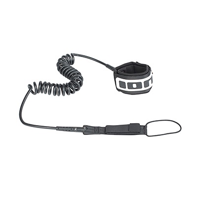 Ein schwarzes, spiralförmiges Kabel mit einer gepolsterten Manschette und einer Schlaufe.