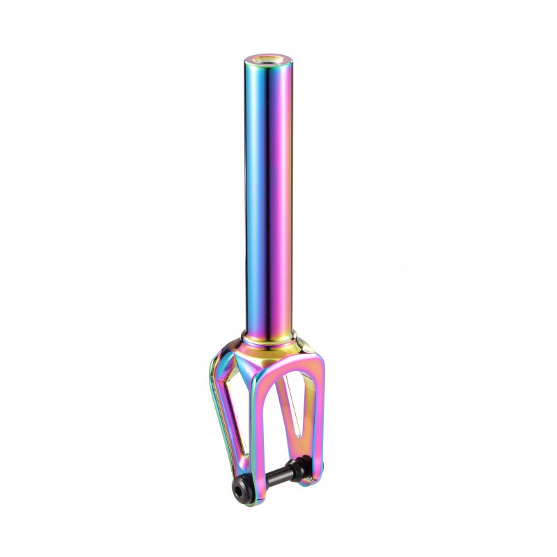 Bunte Scooter-Gabel mit Regenbogen-Finish, zylindrischem Schaft und Gabelkopf mit Achsaufnahme.