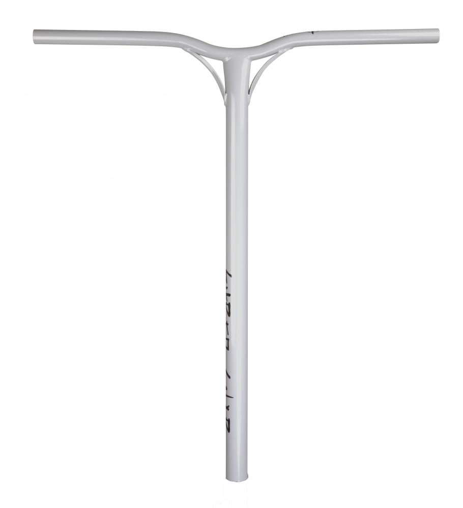 Ein silberner T-Lenker für einen Roller mit einem Logo auf der Vorderseite.