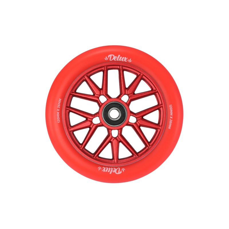 Rotes Roller-Rad mit Speichen und Kugellager, Marke 