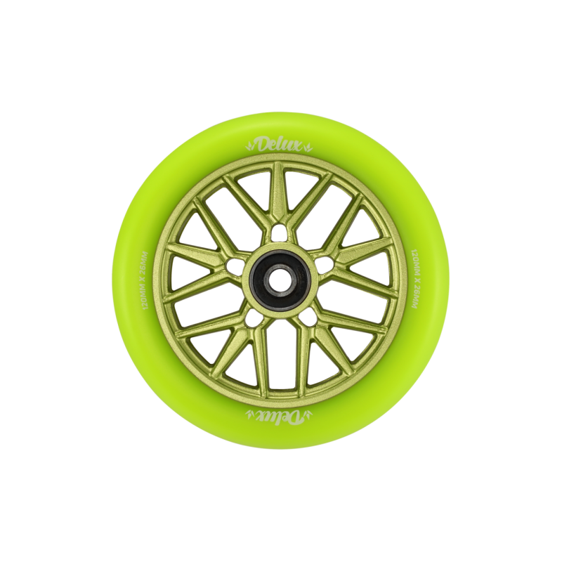 Ein grünes Rad mit goldener Felge und 