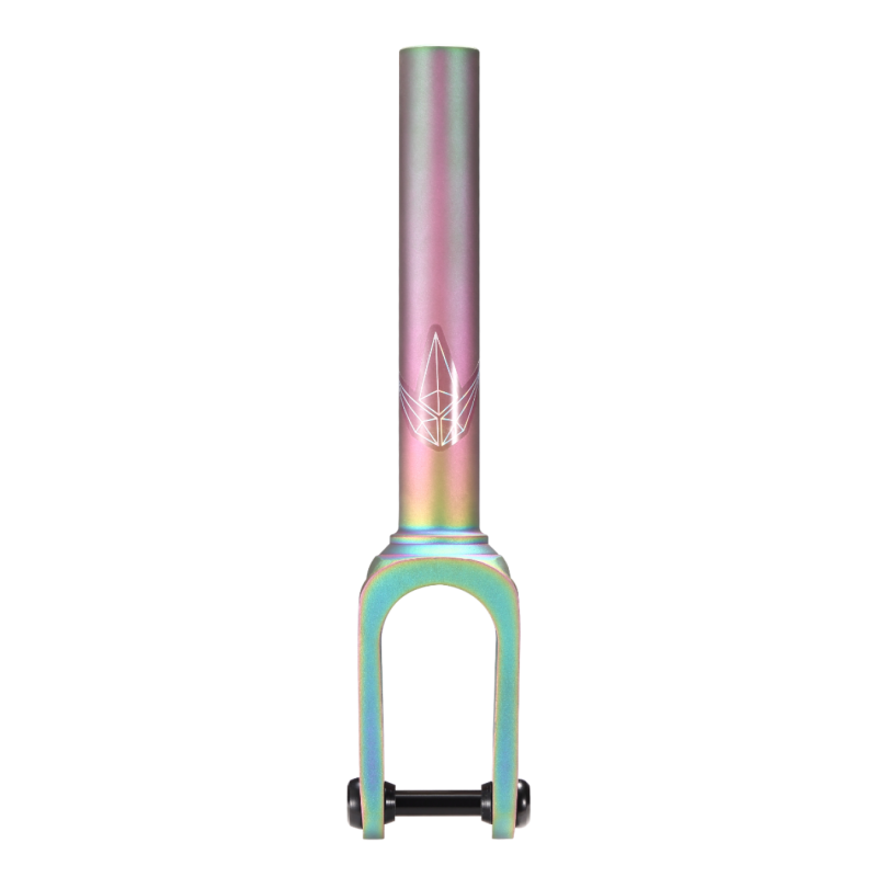 Bunte Scooter-Gabel mit geometrischem Muster, glänzendem Finish und Achse.