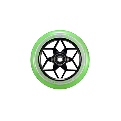 Grünes Roller- oder Skateboardrad mit schwarzer Speichenfelge.