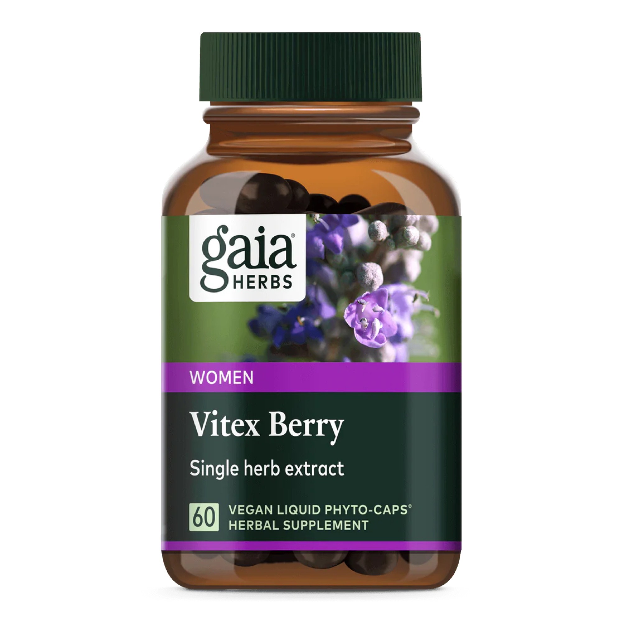 Produktfoto: Das Bild zeigt eine braune Flasche mit einem grünen Deckel, die ein Nahrungsergänzungsmittel von Gaia Herbs enthält. Auf dem Etikett steht 'Women Vitex Berry Single herb extract'. Es zeigt ein Bild von lila Blüten. Das Produkt enthält 60 vegane Flüssigkapseln.