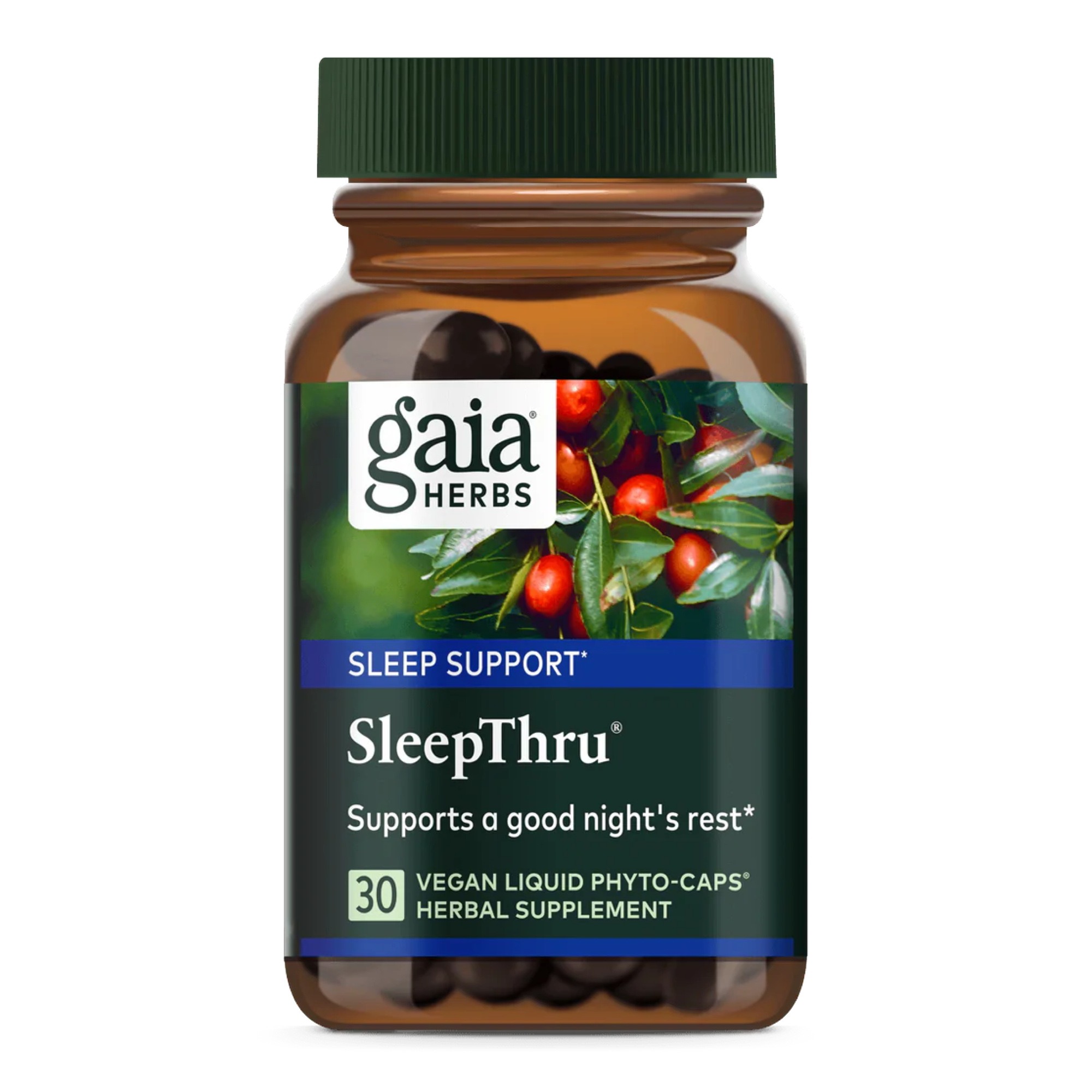 Produktfoto: Das Bild zeigt eine braune Flasche mit einem Etikett von Gaia Herbs. Auf dem Etikett steht “SleepThru“ und “Supports a good night's rest“. Die Flasche enthält 30 vegane Flüssigkapseln. Auf dem Etikett sind rote Beeren und grüne Blätter abgebildet.