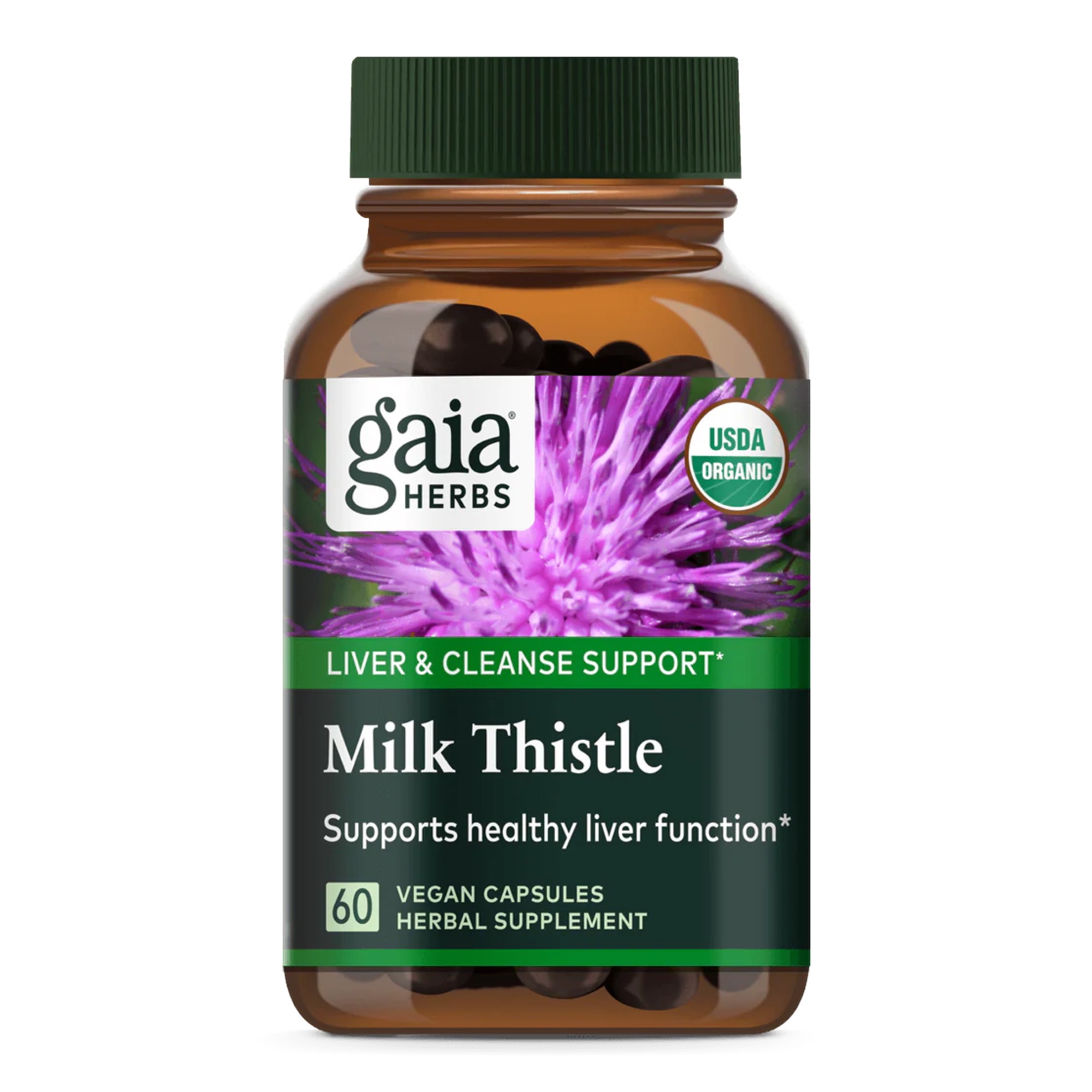 Produktfoto: Eine braune Plastikflasche mit grünem Deckel, etikettiert mit 'Gaia Herbs', enthält 60 vegane Kapseln 'Milk Thistle' zur Unterstützung der Lebergesundheit. Auf dem Etikett ist eine lila Mariendistel abgebildet. Das Produkt ist USDA-zertifiziert und organisch.