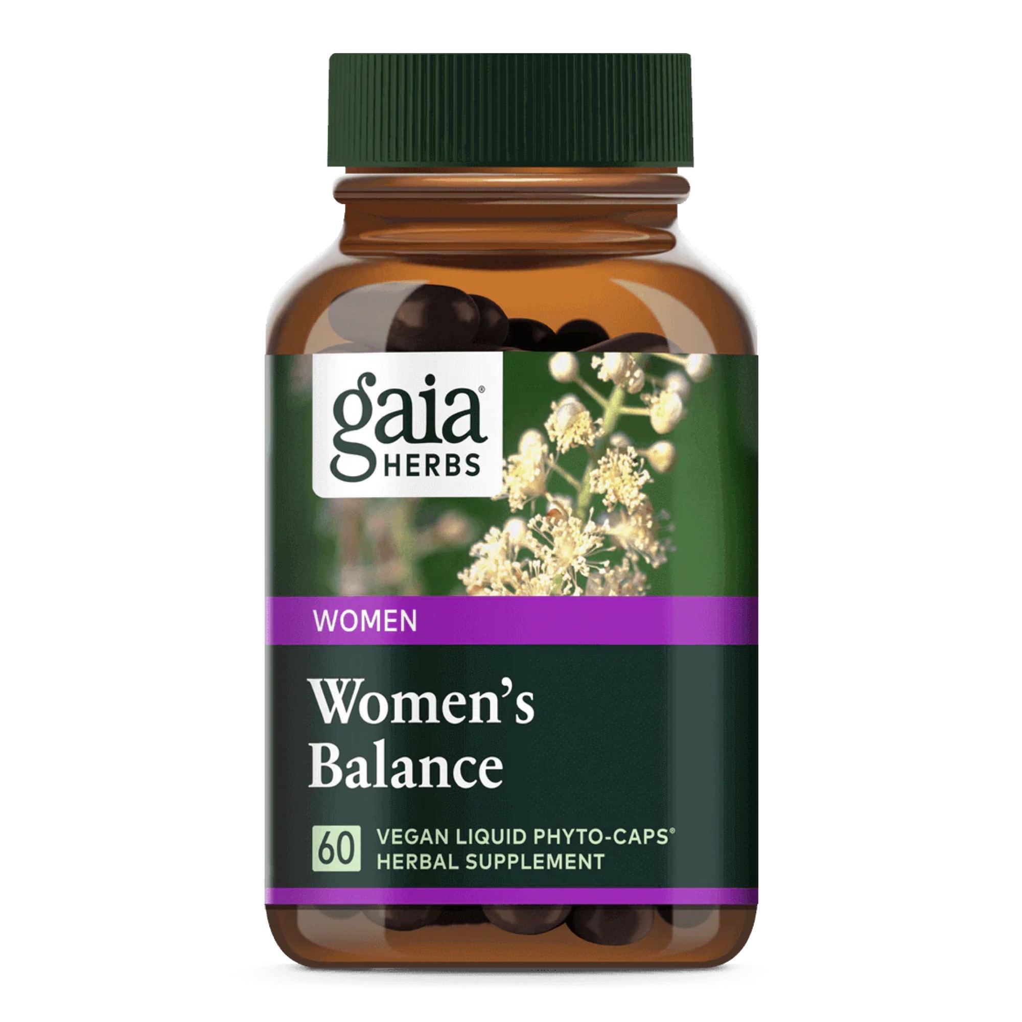 Produktfoto: Eine braune Flasche mit einem grünen Deckel, auf der ein Etikett mit der Aufschrift 'gaia HERBS', 'WOMEN', 'Women's Balance', '60 VEGAN LIQUID PHYTO-CAPS', 'HERBAL SUPPLEMENT' zu sehen ist. Im Hintergrund sind weiße Blüten abgebildet.