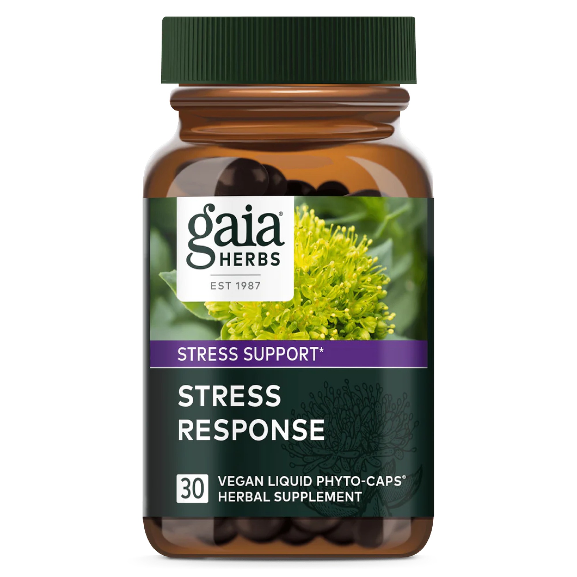 Produktfoto: Das Bild zeigt eine braune Plastikflasche mit dem Etikett 'Gaia Herbs Stress Response'. Auf dem Etikett sind grüne Pflanzen abgebildet. Die Flasche enthält 30 vegane flüssige Phytokapseln als Nahrungsergänzungsmittel zur Stressunterstützung.