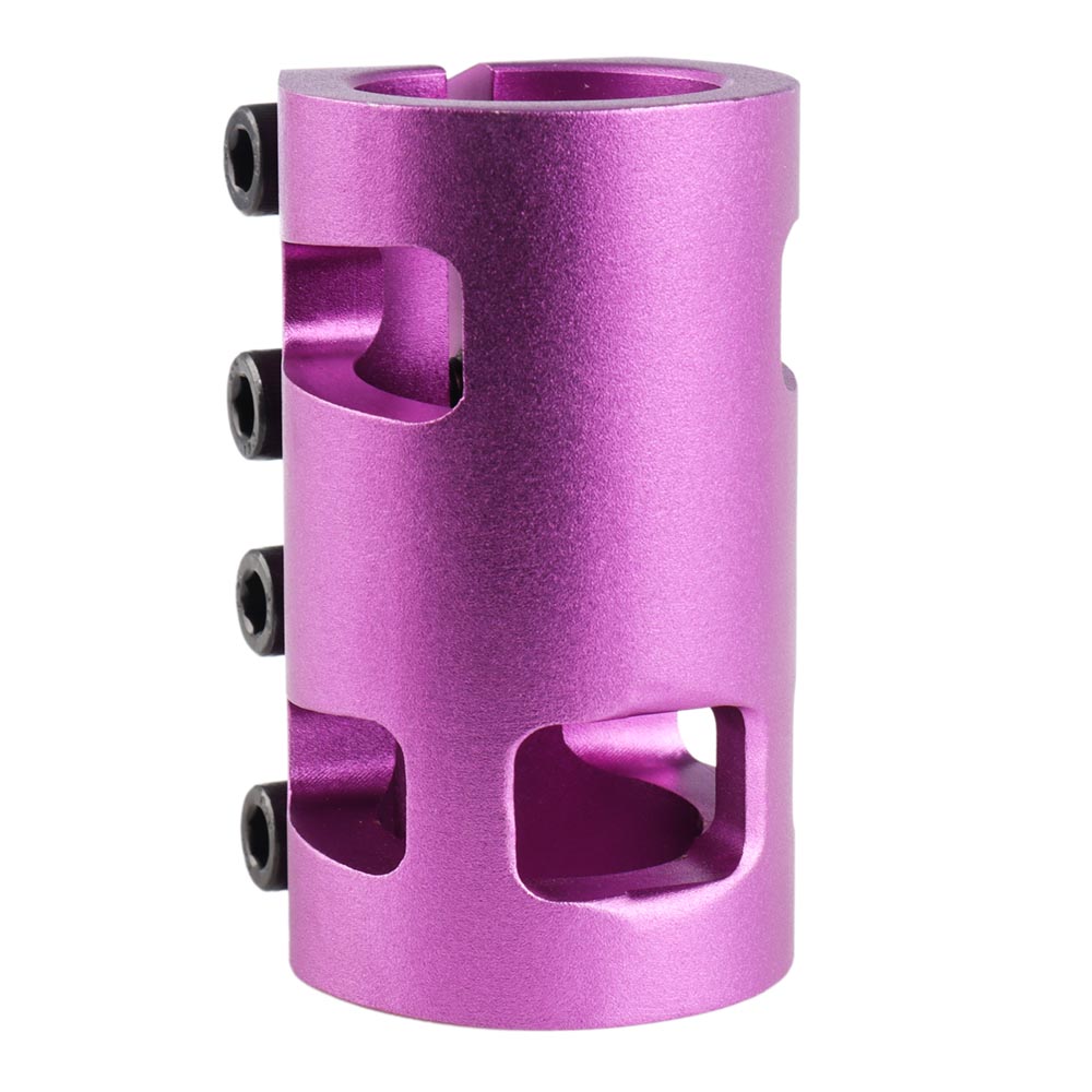 Ein pinker, zylindrischer Metallteil mit mehreren Schraubenlöchern und Schrauben an der Seite.