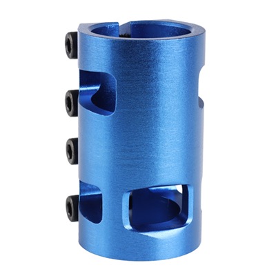 Blauer, zylindrischer Metalladapter mit Schraubenlöchern.