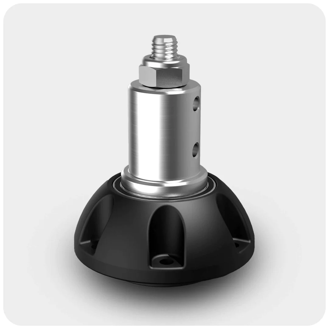 Ein verstellbarer Maschinenfuß mit Metallgewinde und Kunststoffbasis.