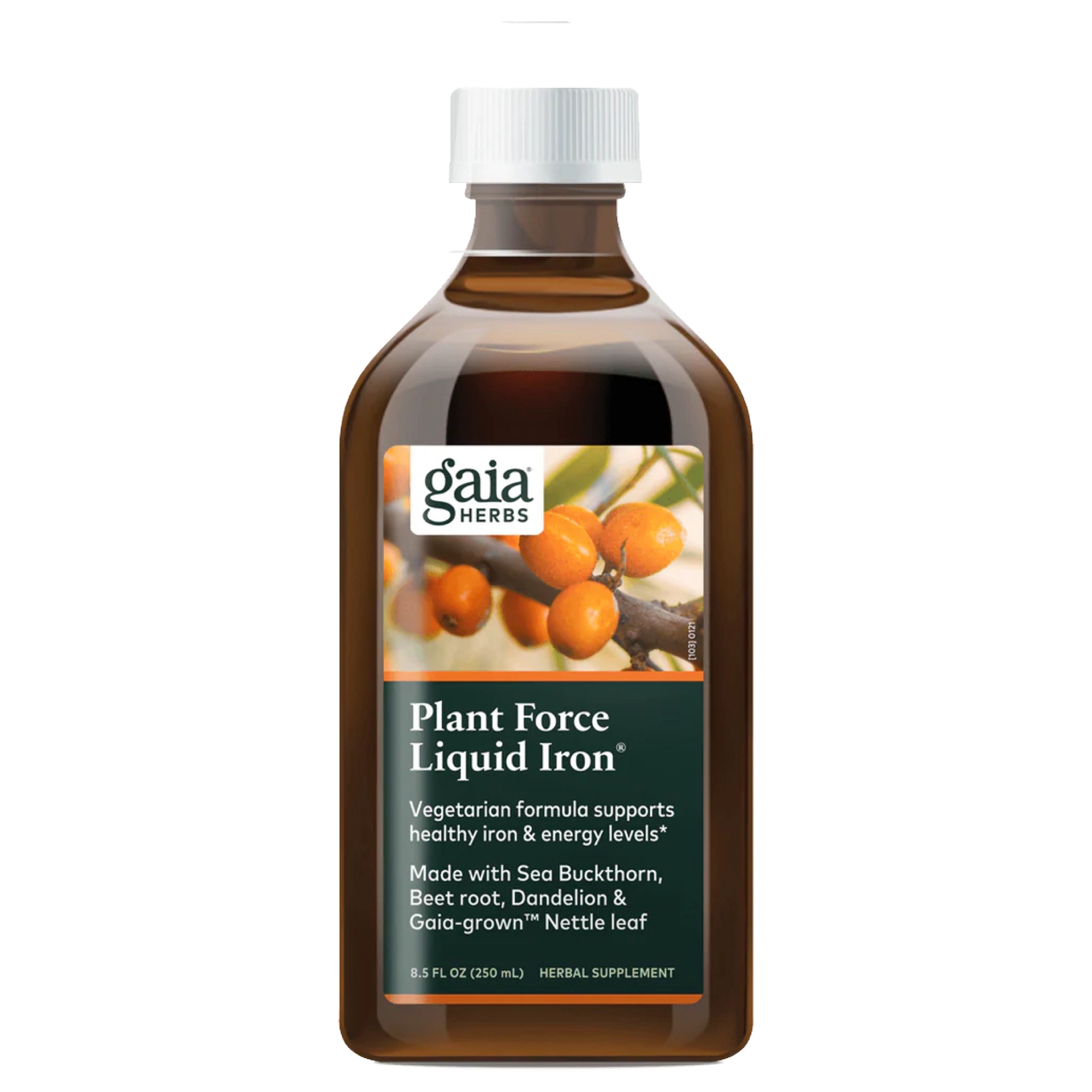Produktfoto: Eine braune Flasche mit weißem Schraubverschluss und einem Etikett, auf dem „Gaia Herbs Plant Force Liquid Iron“ steht. Das Etikett zeigt ein Bild von Sanddornbeeren. Die Flasche enthält ein pflanzliches Eisenpräparat zur Unterstützung gesunder Eisen- und Energielevel.