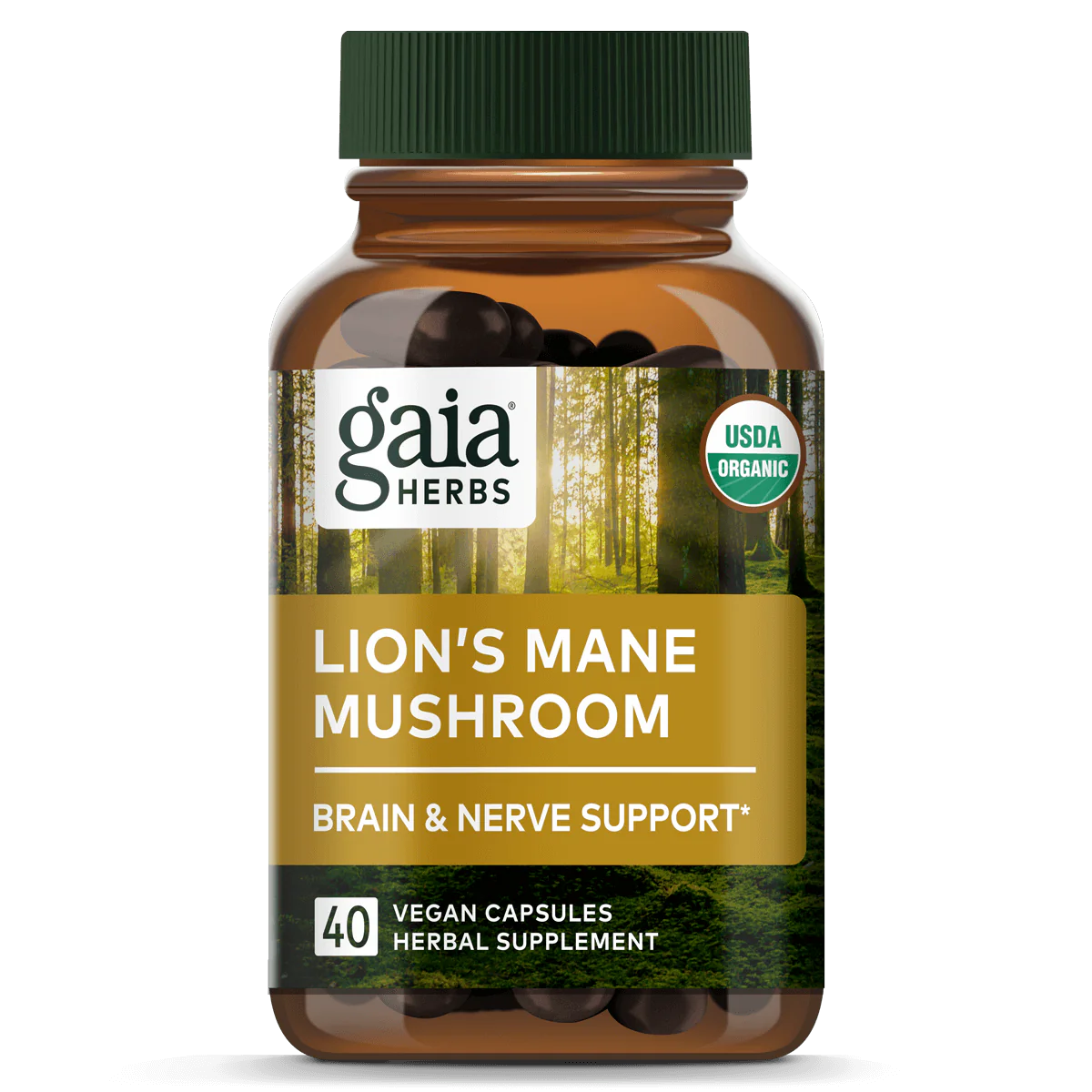 Produktfoto: Die Abbildung zeigt eine braune Flasche mit einem grünen Deckel, die 40 vegane Kapseln eines Nahrungsergänzungsmittels enthält. Auf dem Etikett steht 'Gaia Herbs Lion's Mane Mushroom Brain & Nerve Support'. Ein USDA Organic-Siegel ist sichtbar. Der Hintergrund des Etiketts zeigt einen Wald mit Sonnenlicht.
