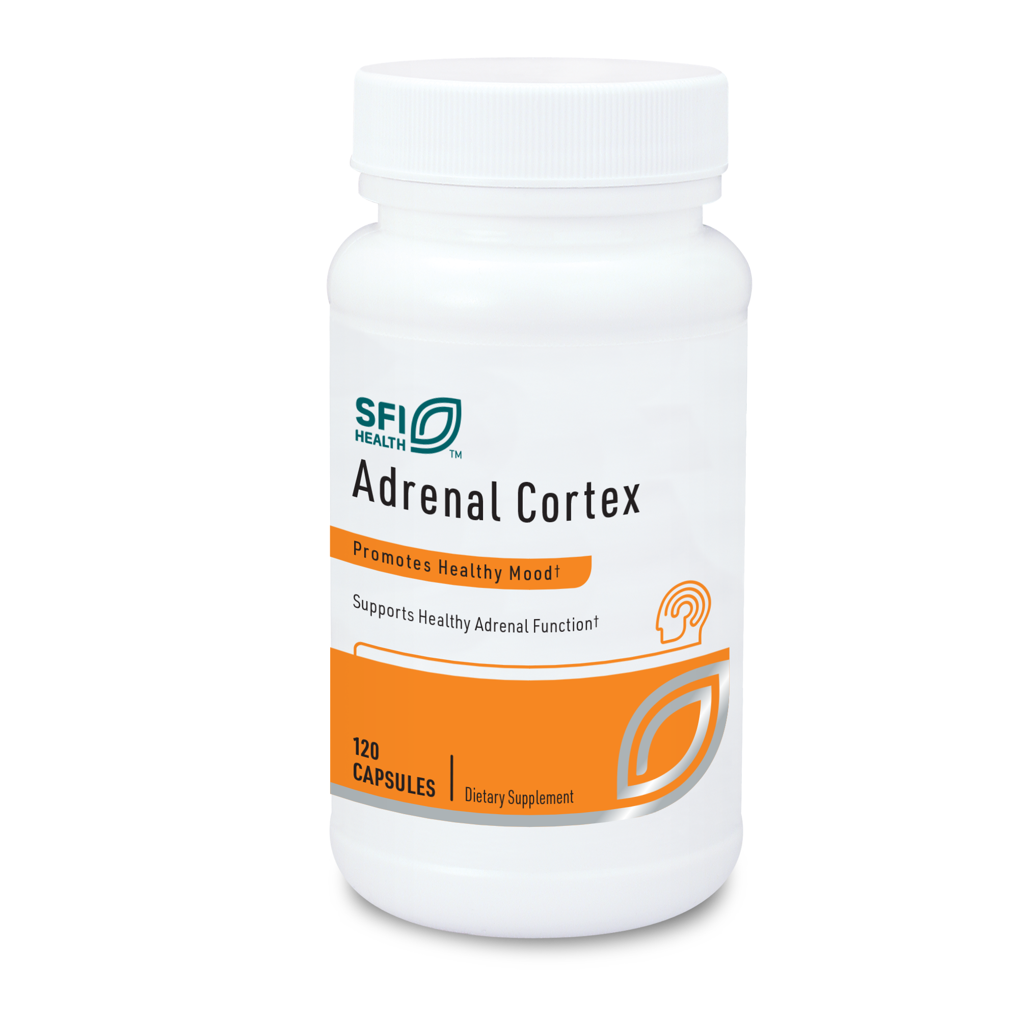 Produktfoto: Eine weiße Plastikflasche mit der Aufschrift 'SFI Health Adrenal Cortex', die 120 Kapseln enthält. Auf dem Etikett steht 'Promotes Healthy Mood' und 'Supports Healthy Adrenal Function'. Die Flasche hat ein orangefarbenes Design.