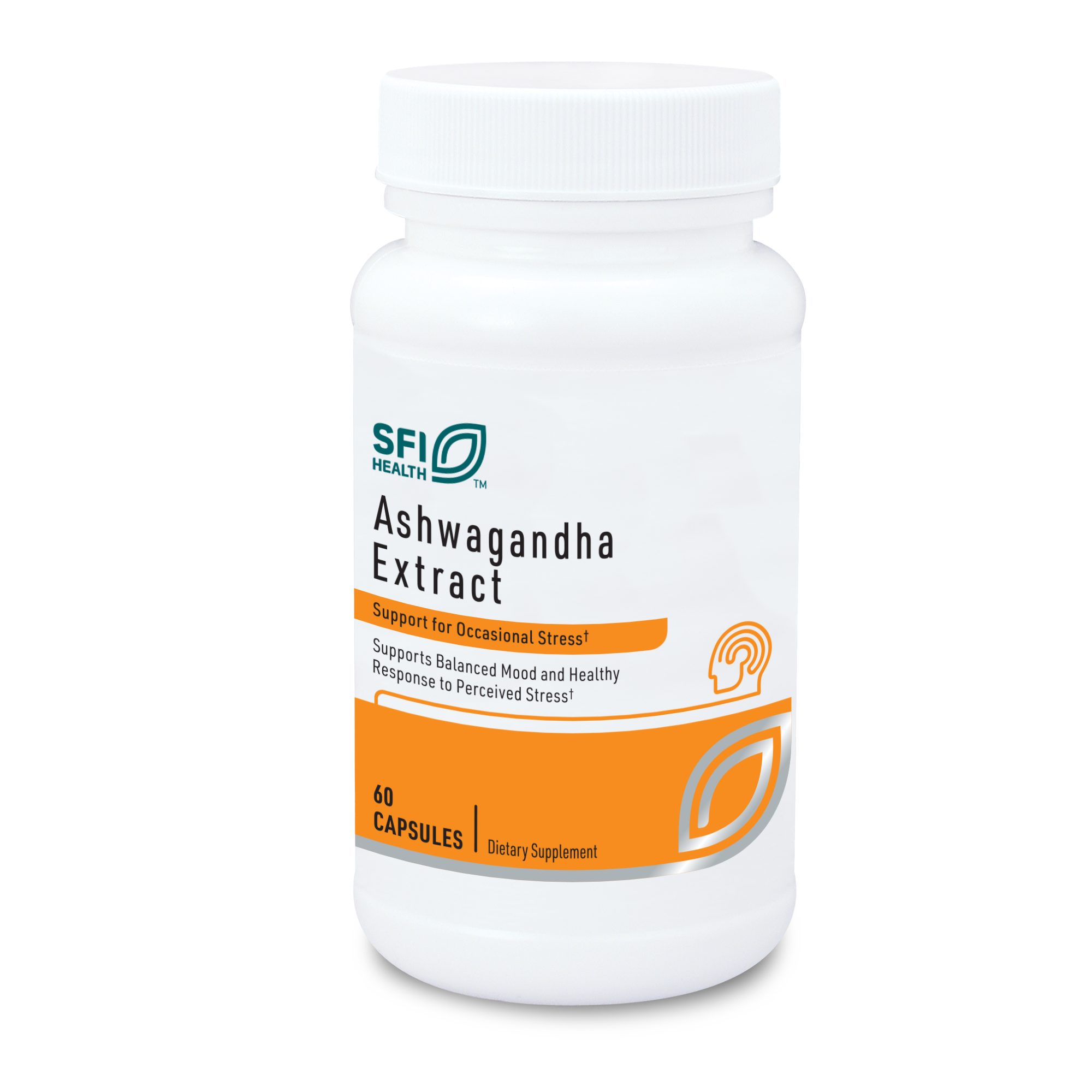Produktfoto: Eine weiße Plastikflasche mit einem weißen Schraubverschluss ist auf einem weißen Hintergrund abgebildet. Auf dem Etikett der Flasche steht “SFI Health Ashwagandha Extract“. Darunter befindet sich der Text “Support for Occasional Stress“ und “Supports Balanced Mood and Healthy Response to Perceived Stress“. Das Etikett ist in Weiß und Orange gestaltet. Die Flasche enthält 60 Kapseln und ist als Nahrungsergänzungsmittel gekennzeichnet.