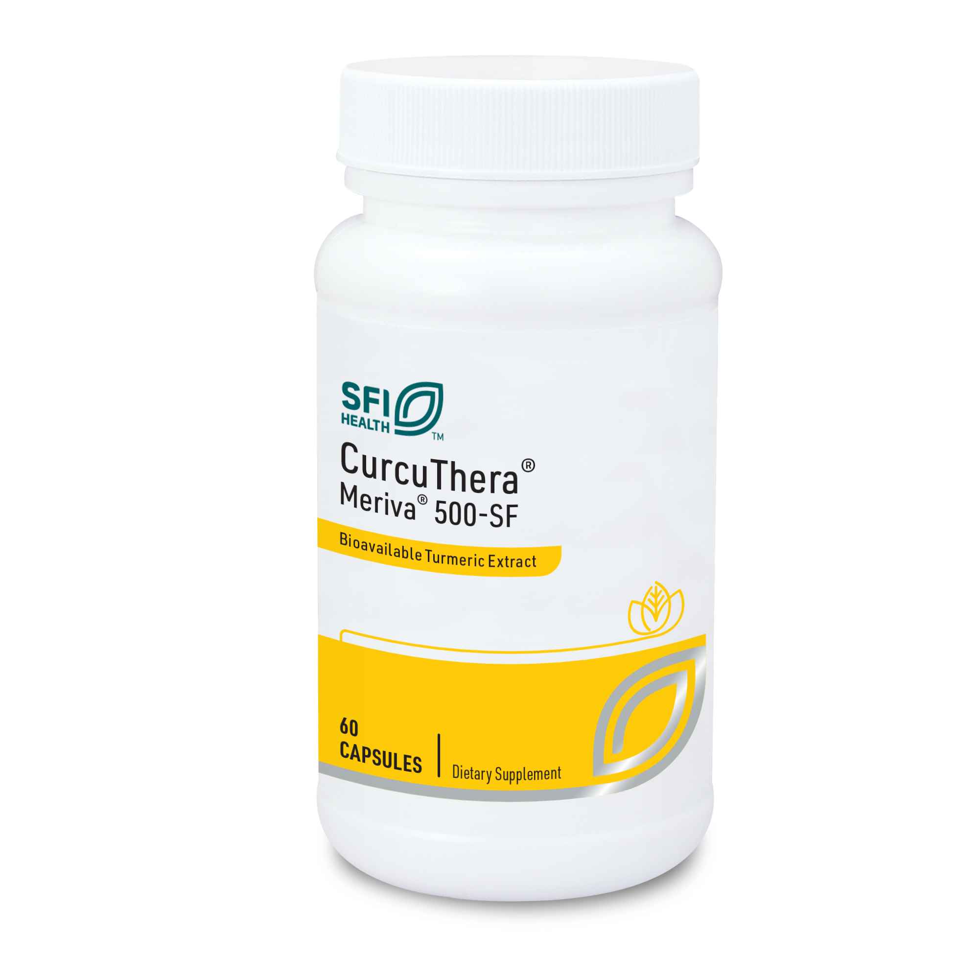 Produktfoto: Eine weiße Plastikflasche mit gelbem Etikett, darauf steht 'CurcuThera Meriva 500-SF, bioavailable turmeric extract'. Die Flasche enthält 60 Kapseln und ist von SFI Health. Sie ist auf einem weißen Hintergrund platziert.