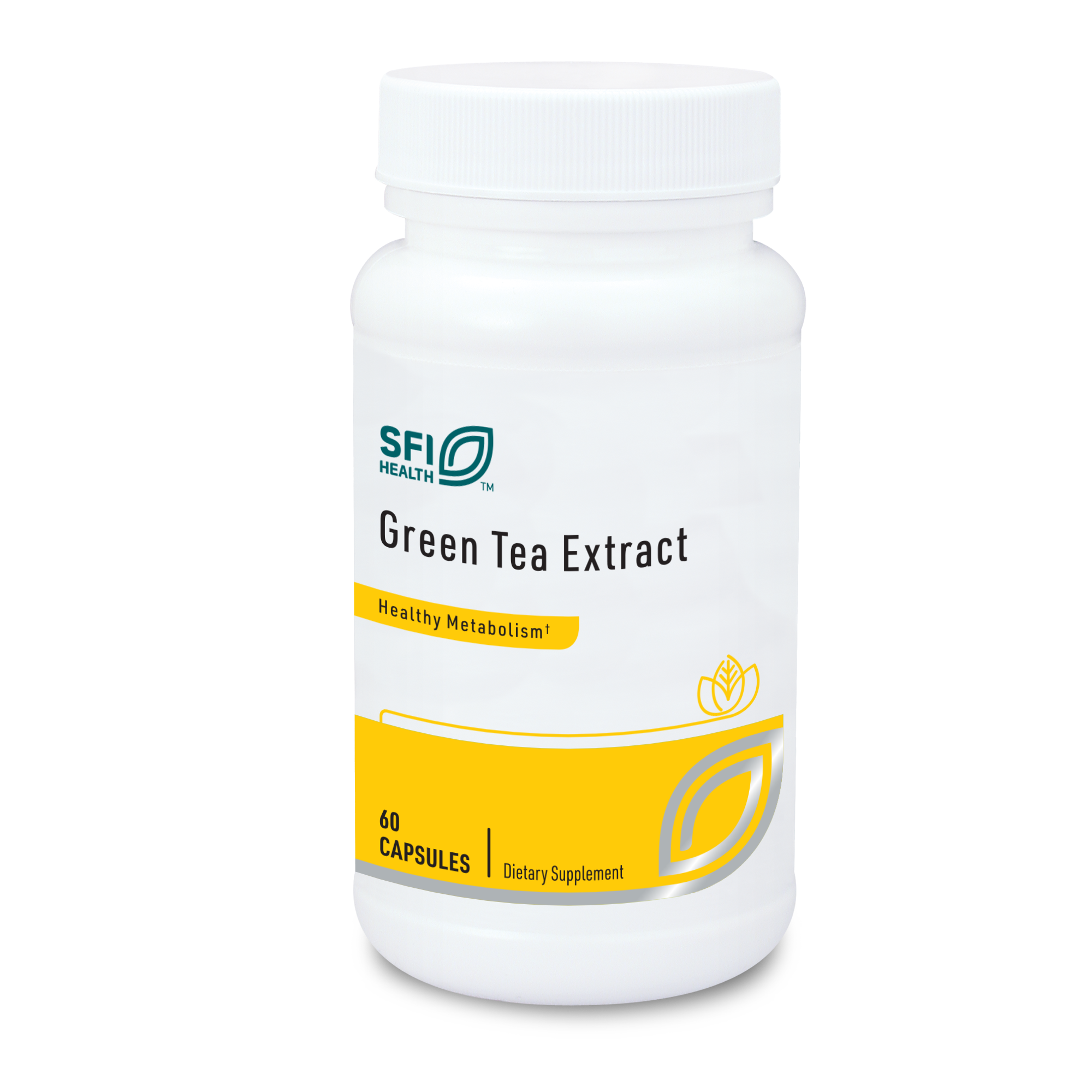 Produktfoto: Eine weiße Plastikflasche mit der Aufschrift 'SFI Health Green Tea Extract'. Die Flasche enthält 60 Kapseln und ist als Nahrungsergänzungsmittel für einen gesunden Stoffwechsel gekennzeichnet. Das Etikett ist weiß mit gelben Akzenten.