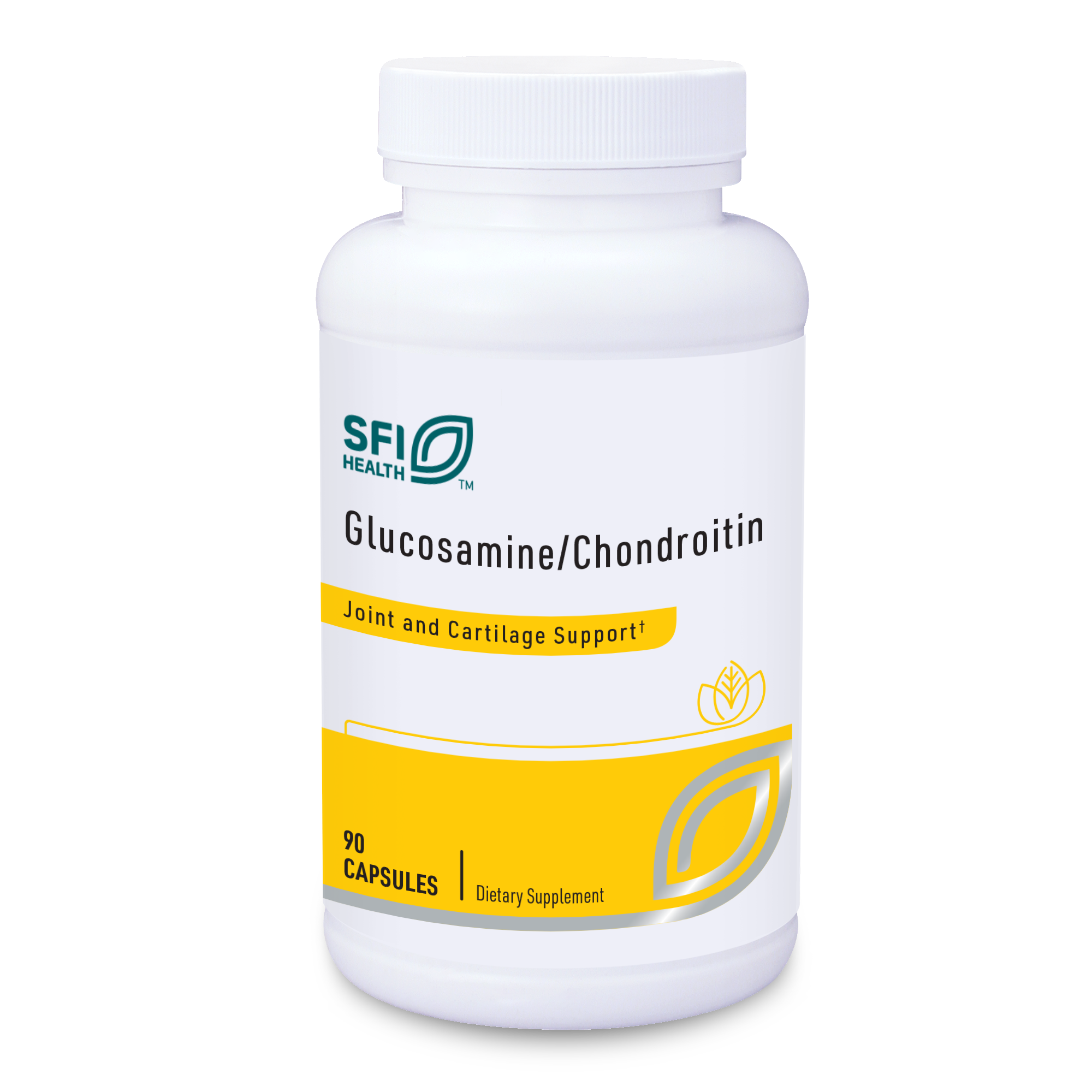 Produktfoto: Eine weiße Flasche mit dem Aufdruck “SFI Health Glucosamine/Chondroitin“. Der Text “Joint and Cartilage Support“ ist ebenfalls sichtbar. Die Flasche enthält 90 Kapseln eines Nahrungsergänzungsmittels.