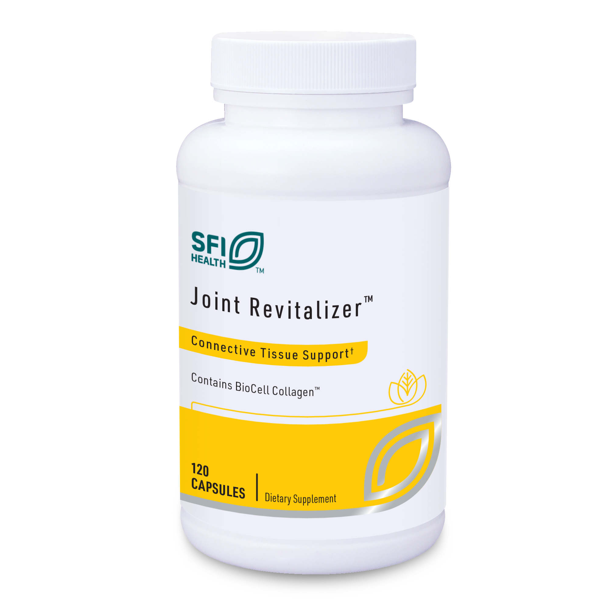 Produktfoto: Eine weiße Kunststoffflasche mit dem Aufdruck 'SFI Health Joint Revitalizer' und 'Connective Tissue Support'. Enthält 120 Kapseln. Die Flasche hat gelbe und grüne Designelemente.