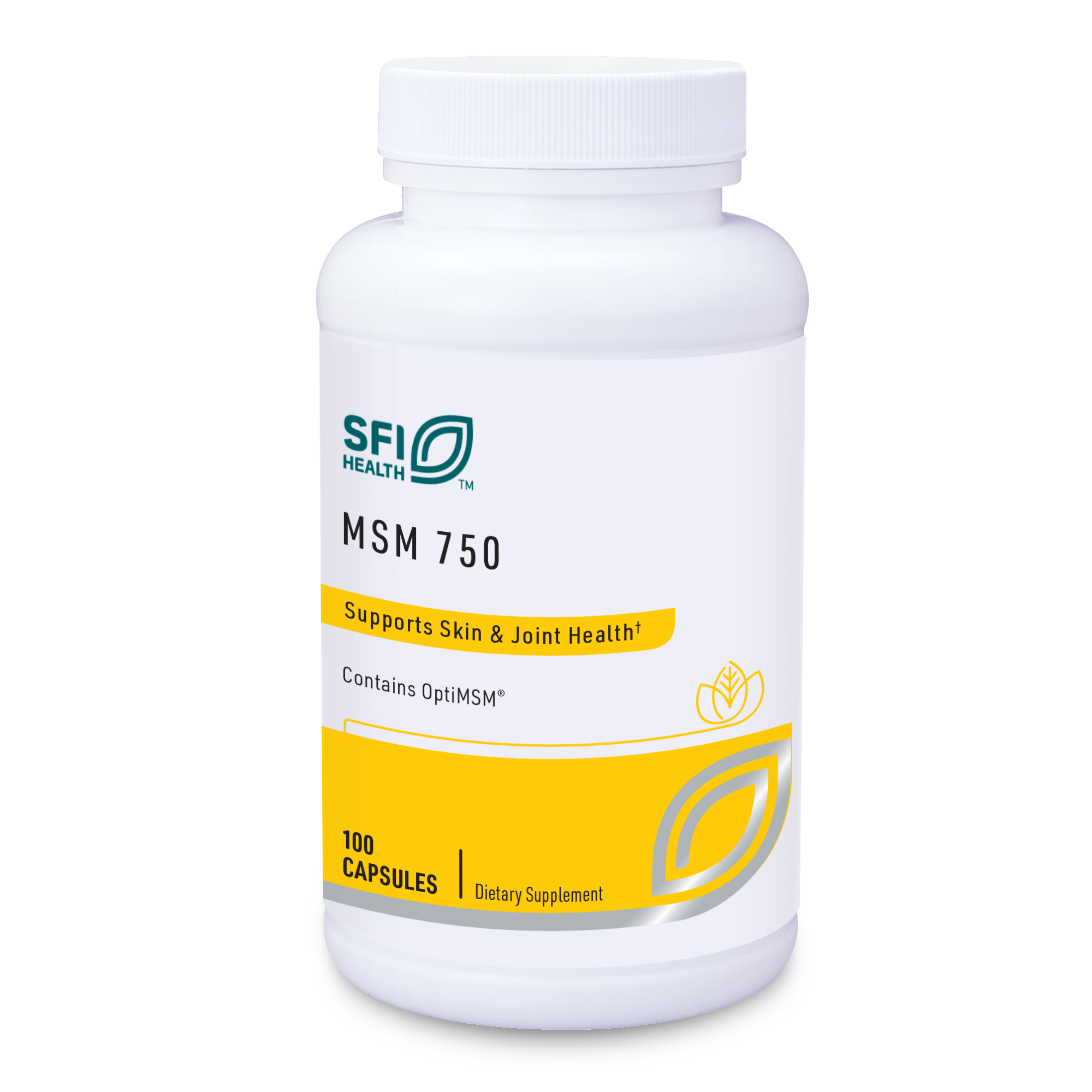 Produktfoto: Das Bild zeigt eine weiße Plastikflasche mit gelbem Etikett. Auf dem Etikett steht 'SFI Health MSM 750', 'Supports Skin & Joint Health', 'Contains OptiMSM', '100 Capsules', 'Dietary Supplement'. Die Flasche ist vor einem weißen Hintergrund platziert.