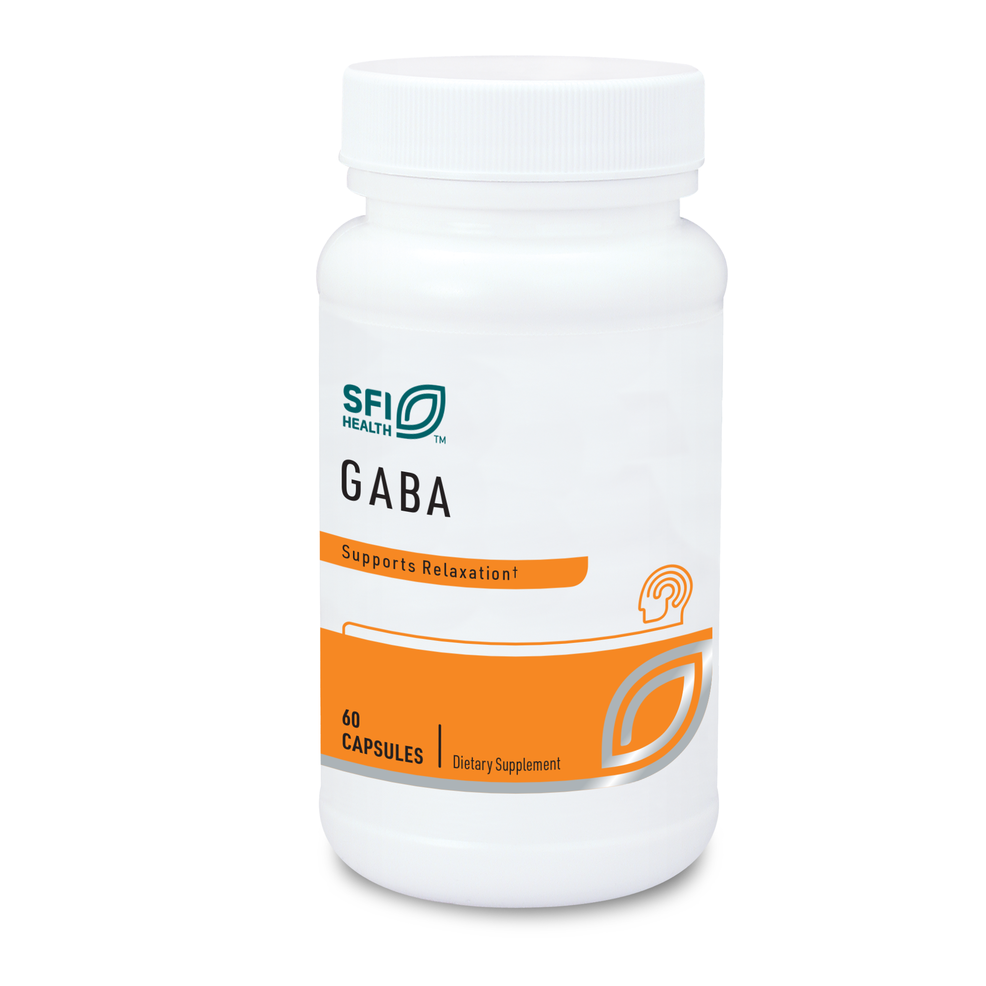 Produktfoto: Die Abbildung zeigt eine weiße Plastikflasche mit einem Schraubverschluss, die GABA-Kapseln von SFI Health enthält. Auf dem Etikett sind der Markenname, der Produktname und der Hinweis 'Supports Relaxation' zu sehen. Die Flasche enthält 60 Kapseln und ist als Nahrungsergänzungsmittel gekennzeichnet. Das Etikett ist orange und weiß gestaltet.