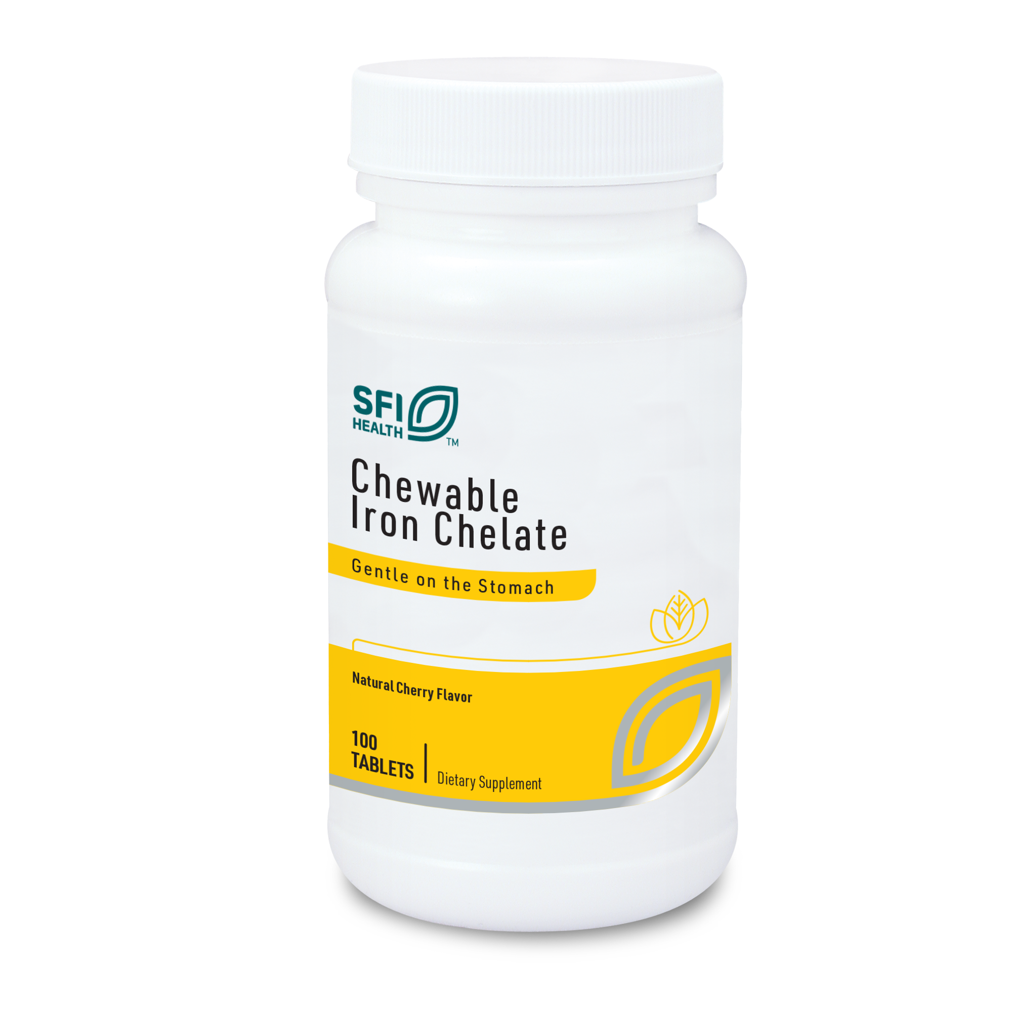 Produktfoto: Das Bild zeigt eine weiße Plastikflasche mit einem Schraubverschluss. Auf der Flasche steht 'SFI Health Chewable Iron Chelate'. Die Etikettenfarbe ist hauptsächlich weiß mit gelben Akzenten. Es wird als Nahrungsergänzungsmittel beschrieben, das schonend für den Magen ist und einen natürlichen Kirschgeschmack hat. Die Flasche enthält 100 Tabletten.