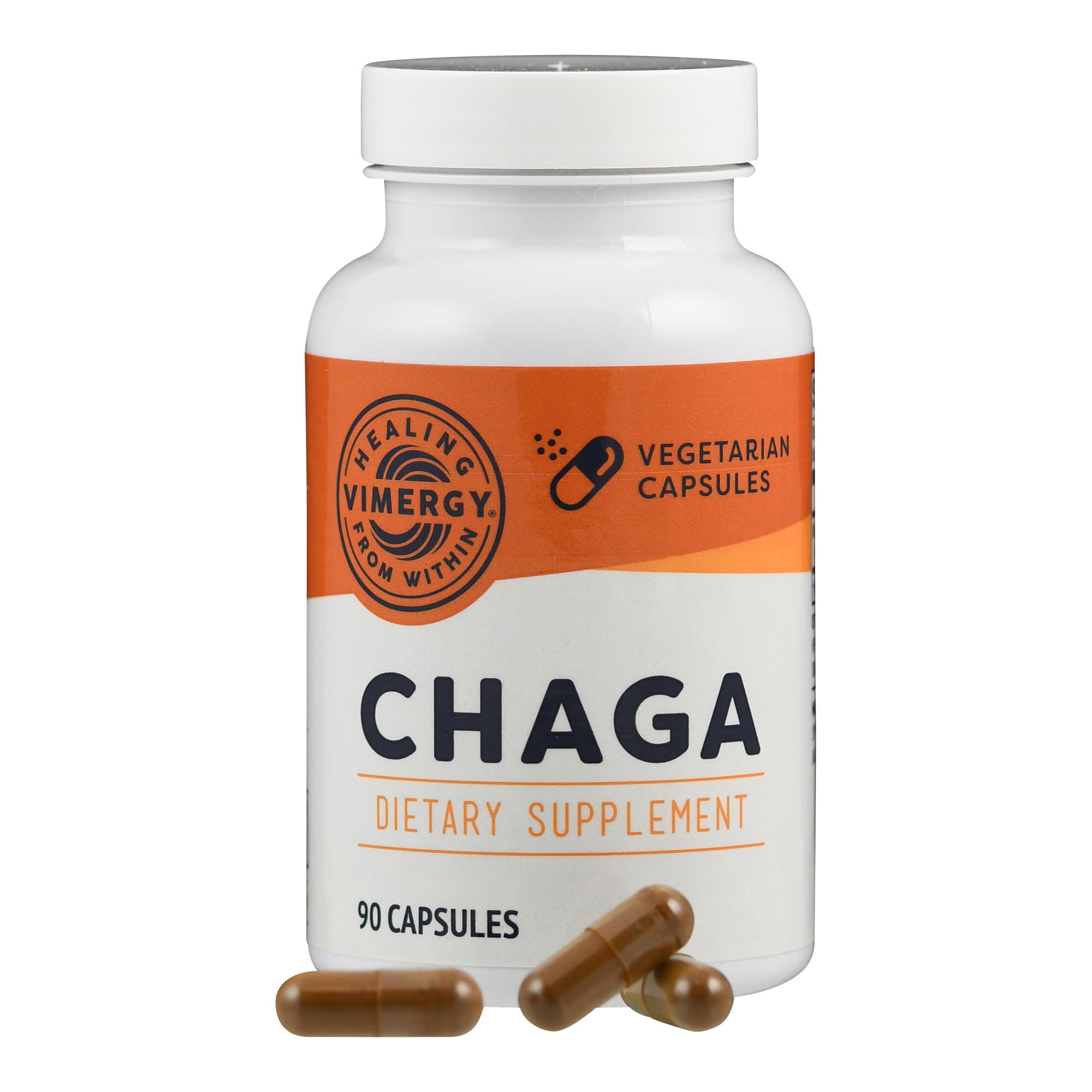 Produktfoto: Eine weiße Plastikflasche mit einem orangefarbenen Etikett, auf dem 'CHAGA Dietary Supplement' steht. Daneben liegen mehrere braune Kapseln.